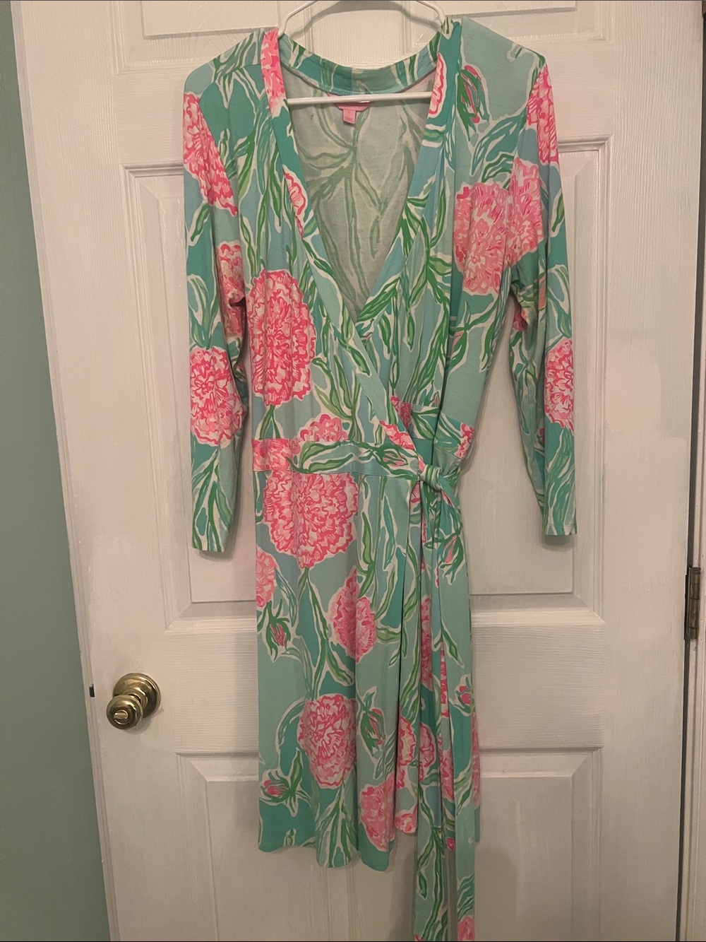 Lilly Pulitzer Aqua Wrap Dress with Pink Floral Print